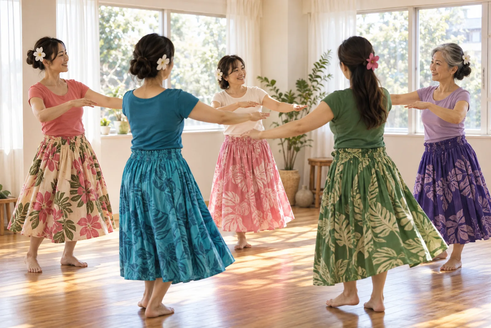 輪になって踊るレッスンの様子
